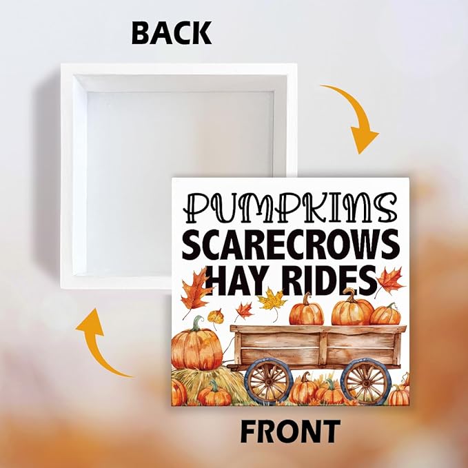 Autumn Wood Sign, Autumn Thanksgiving Wooden Decor, Tabletop Decor, Farmhouse Home Decors for Living Room, Office Decors, Decorative Wooden Box Sign, Pumpkins Scarecrows Hay Rides Signs A5