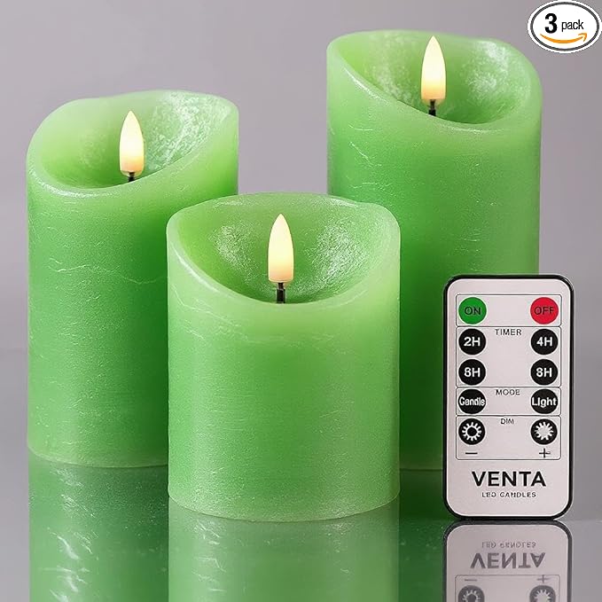 VENTA Green Real Wax Pillar Candles, Set of 3 | Battery Operated LED Candles with Remote | Fresh Spring & Nature Inspired Decor for Living Room, Spa & Botanical Themes