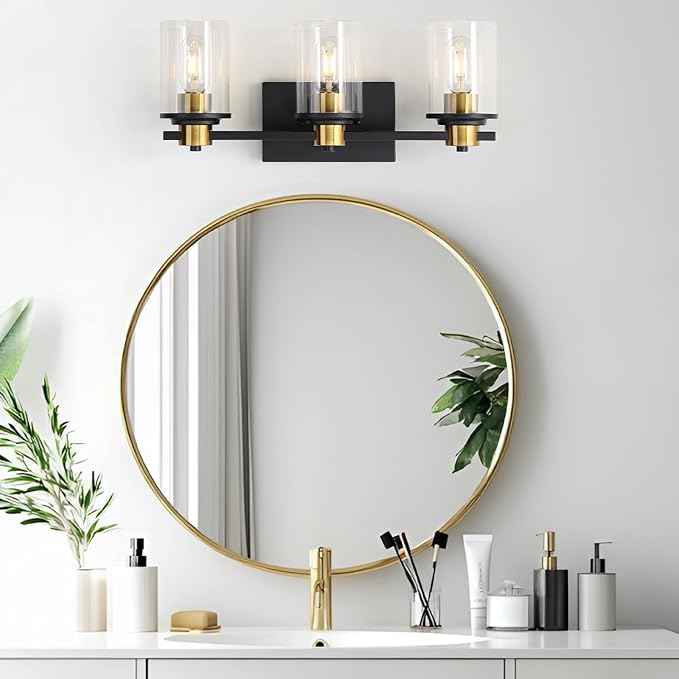 LOUSACE Bathroom Lighting Fixtures Black and Gold 3 Light Bathroom Vanity Light Over Mirror with Clear Glass Shades, Brushed Gold Socket Wall Vanity Lighting Fixtures for Bedroom Living Room