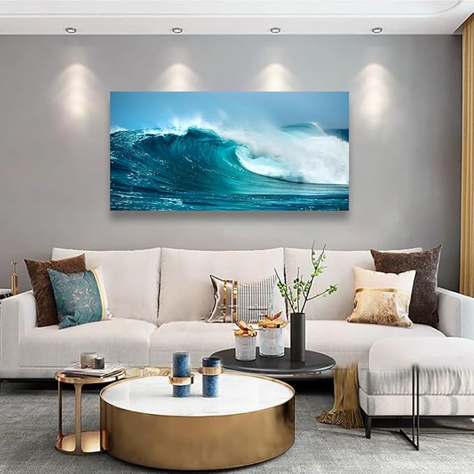 Sea Waves Wall Art for Living Room Bedroom Office Paintings Large Blue Beach Wall Art Pictures Artwork Nature Ocean Canvas Wall Art Prints Framed Room Wall Decor 20 * 40inch
