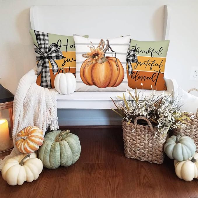 AACORS Fall Pillow Covers 20 x 20 Inch Set of 4, Pumpkin Home Sweet Home Thankful Grateful Blessed Harvest Floral Decorations Autumn Seasonal Pillow Case Decor for Sofa Couch AA556-20