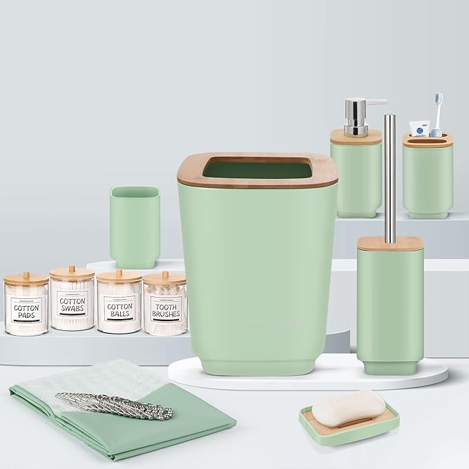 IMAVO Bathroom Accessories Set,Green Bathroom Set,11 Pieces Bathroom Accessory Set,Trash Can for Bathroom Accessories Décor and Housewarming Gifts
