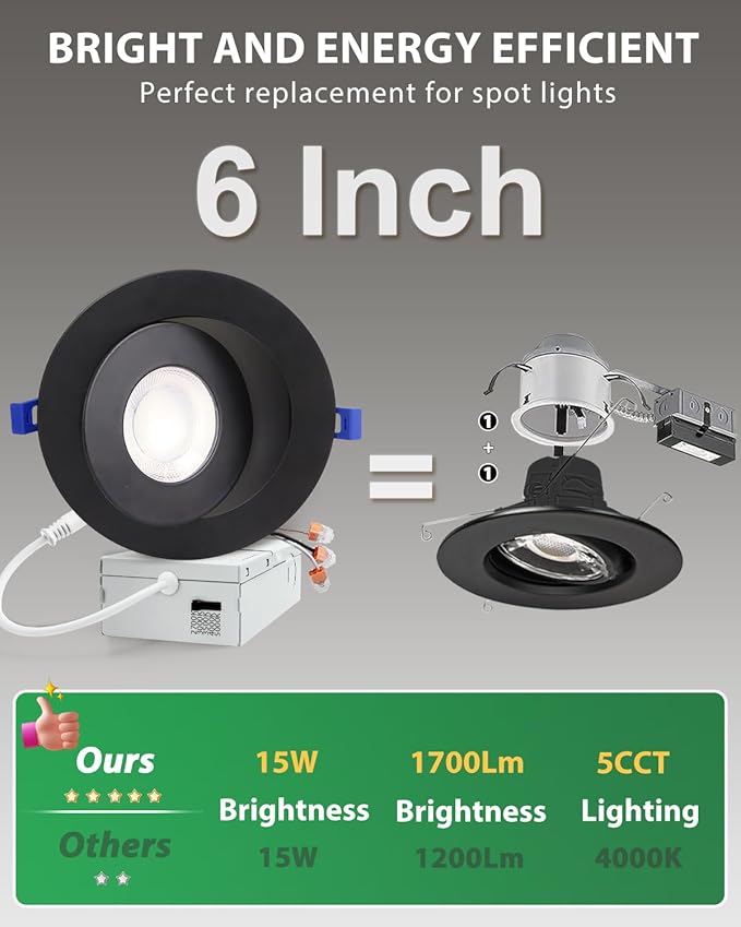 zouzai 5CCT LED Gimbal Led Recessed Light with Junction Box, 360°+90° Adjustable Directional Eyeball Lighting, Dimmable, 2700K/3000K/3500K/4000K/5000K,ETL&Energy Star (6 inch, Black 1 Pack)