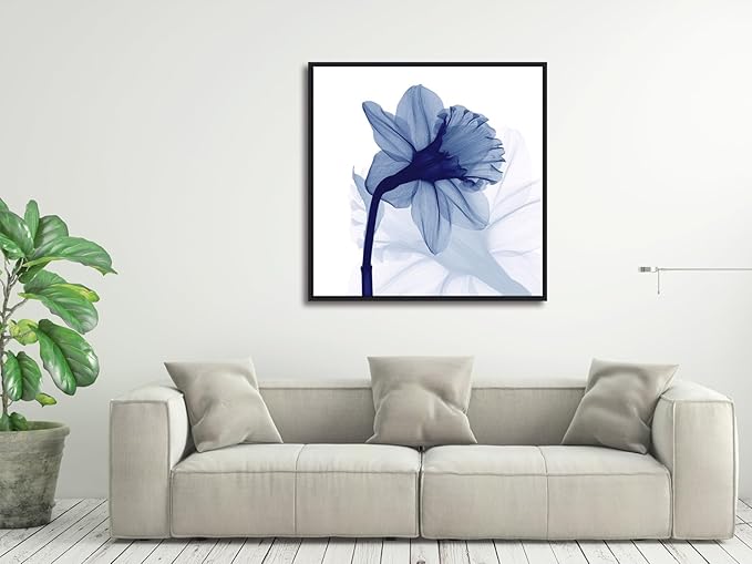 Pyradecor Large Black Framed Wall Art One Panel Blue Flickering Flower Paintings Canvas Prints Grace Floral Pictures Artwork for Bedroom Office Home Decorations