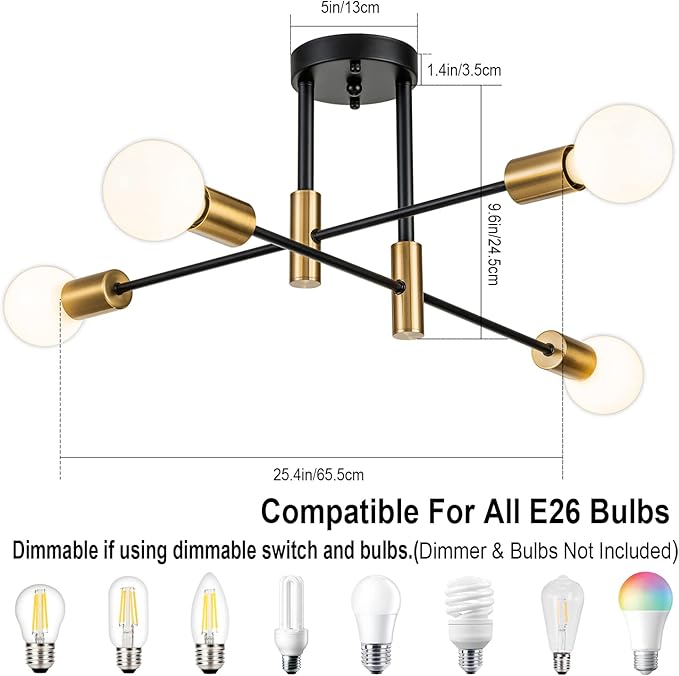 4-Light Black Modern Sputnik Chandeliers, Gold Semi Flush Mount Ceiling Light Fixture, Mid Century Farmhouse Kitchen Lighting Fixtures Ceiling Mount for Living Room Dining Room Bedroom
