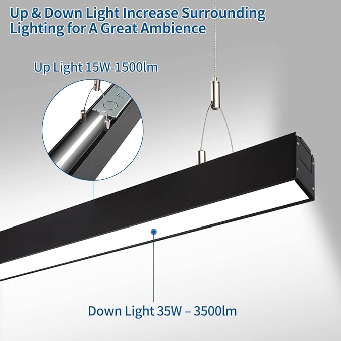 DAKASON 4FT Linkable LED Linear Light, 35W Down 15W Up Light, 3/4/5000K CCT Selectable, Dimmable Suspended Lighting for Billiard Pool Table, Commercial Linear Lighting Fixture for Office, 1Pack Black