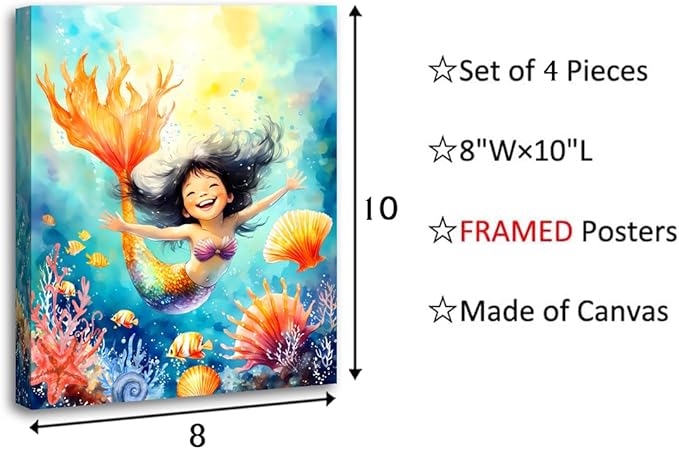 Framed Mermaid Wall Art,Mermaid Nursery Wall Art Prints,Ocean Bathroom Decor Prints,Mermaid Pictures Coral Wall Decor Canvas Prints for Girls Room Wall Decor Set of 4(8"x10")