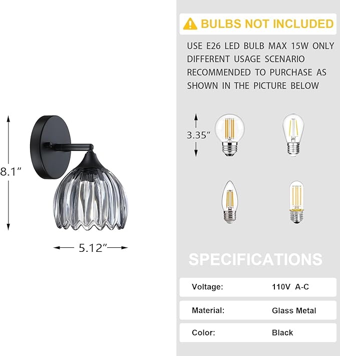 2 Pack 1 Light Vintage Wall Sconces Tulip Gray Glass Lampshade Hradwired Modern Black Wall Lighting Fixture for Bedside Bedroom Doorway