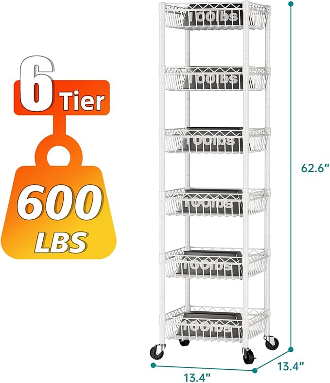 SINGAYE Shelf 6 Tier Wire Shelving Unit with Wheels Baskets Storage Rack Corner Shelves Adjustable Closet Bathroom Organizers Metal Pantry Kitchen Garage Laundry Room 13.5" D x 13.5" W x 63" H White