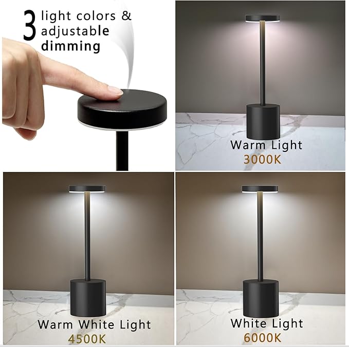 Cordless Table Lamp, 2 Pack Rechargeable Table Lamp, 3 Color Stepless Dimming Up, Battery Operated Portable LED Desk Lamp, Outdoor Table Light for Restaurant/Dinner/Patio/Bars/Bedroom (White)