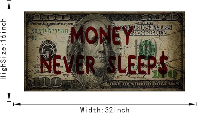 Canvas Money Wall Art Money Never Sleeps Inspirational Dollar Artwork Poster Canvas Painting Framed Ready to Hang-32x16 inches
