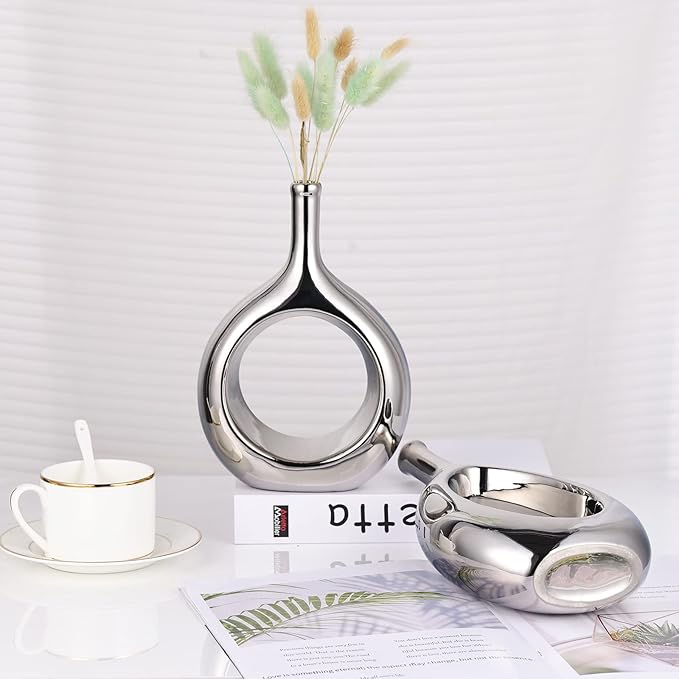 Glossy Silver Vase Ceramic Silver Vases Home Decor,Modern Minimalist Circle with Hole Decorative Vase, Hollow Ellipse Flower vases for Bookshelf, Fireplace Mantle, Centerpieces,Farmhouse,Rustic Décor