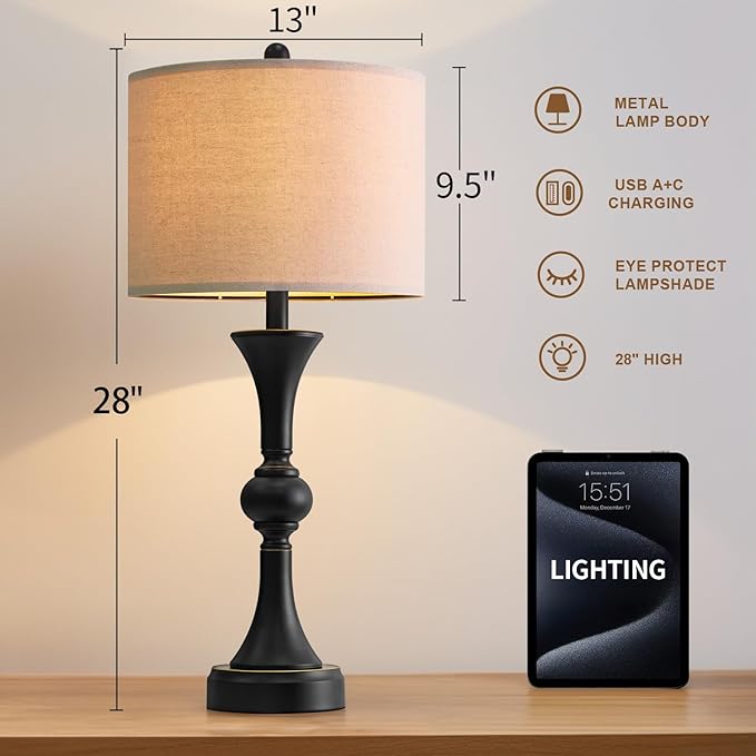 Table Lamps Set of 2, 28" Tall Bedside Table Lamp for Living Room, Bedroom, End Table Lamps with USB A+C Charging Ports, Modern Nightstand Lamps, Matte Black Finish, Farmhouse