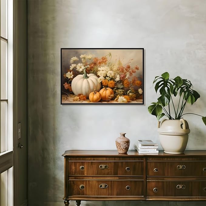 Fall Canvas Wall Art Rustic Pumpkin Posters Fall Pictures Print Dark Cottagecore Thanksgiving Wall Decor for Home Living Room 16x24inch black framed