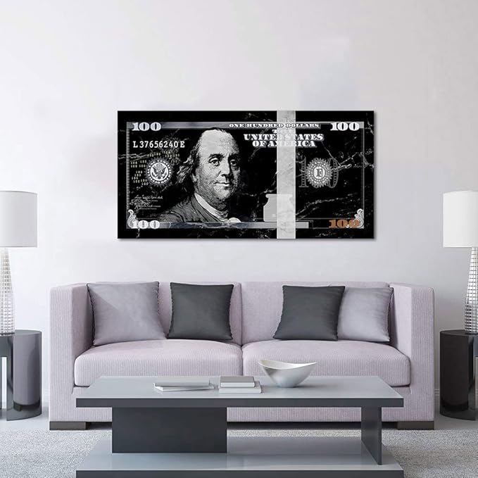 Extra Large Size Benjamin Franklin 100 Dollar Wall Art for Large Home Office Wall Decorations Inspirational Gifts for Men Black and White 100 USD Money Artwork Gallery Wrapped Easy to Hang-48"Wx24"H