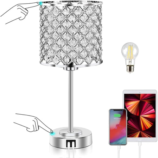 GyroVu Crystal Table Lamp, Touch Control Table Lamps with USB C+A Ports - 3 Way Dimmable Bedside Lamp with Bulbs, Crystal Nightstand Lamp Modern Light for Bedroom, Living Room, Bulb Included
