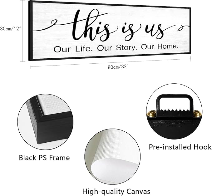 This is Us Wall Decor: 32x12 Inch Framed Canvas Print Family Sign for Bedroom Living Room,Minimalist Art with Quote Our Life Our Story Our Home Signs Modern Farmhouse Wall Art