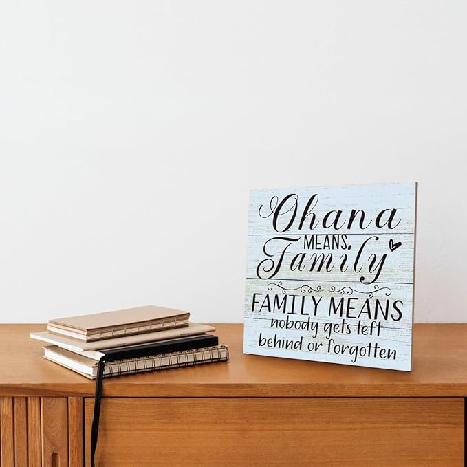 Family Wooden Plaque, “Family Means Nobody Gets Left Behind or Forgotten”, 6.2x6.2 Inch Table Art Sign, Farmhouse Quote Decor for Living Room or Home Tabletop F