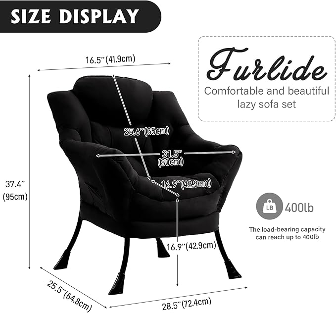 Lazy Chair for Living Room, Modern Accent Chairs with Armrests, Comfy Lounge Chair with Side Pocket, Cozy Lazy Sofa for Reading, Balcony, Bedroom, Dorm, Small Spaces (Black)