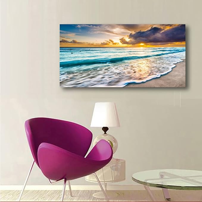Beach Seascape Pictures Canvas Wall Art for Home Decor Wave Sunset Prints Paintings for Living Room Bedroom Decorations Natural Landscape Artwork 20x40inches