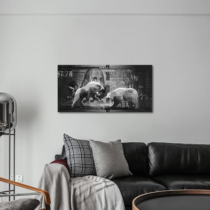 Wall Street Charging Bull Bear Canvas Paintings 100 Dollar Bill Money Poster Wall Art Picture Office Wooden Framed Easy and Ready to Hang-32 inch x 16 inch
