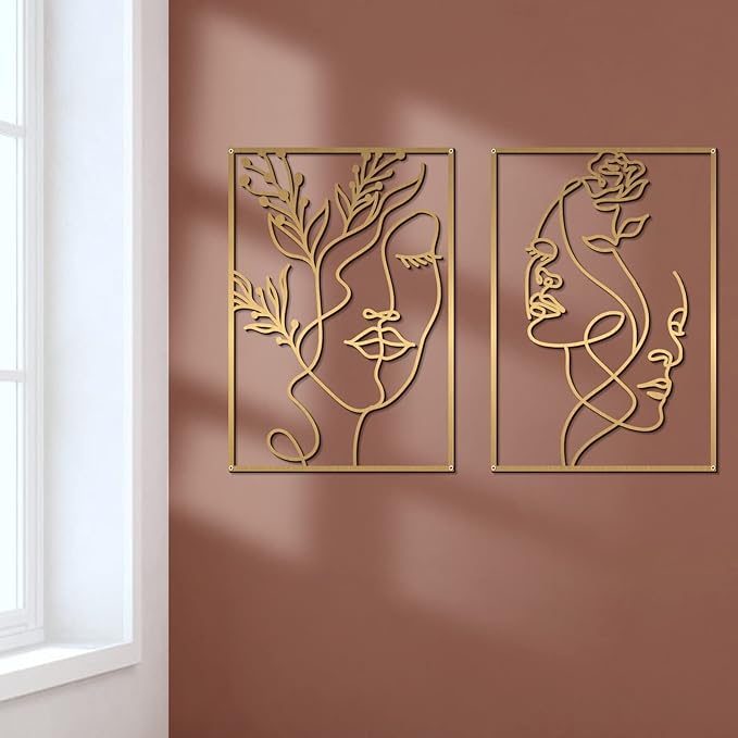 Glamativity 4 Pack Gold Wall Art Decor, Female Flower Face Lover Minimalist Décor Single Line Art Wall Décor, Real Metal Wall Art, Woman's Body Shape Abstract Wall Art, for Kitchen Bedroom Living Room (Gold Floral Lady Style, M Size 17 x 11.8'')