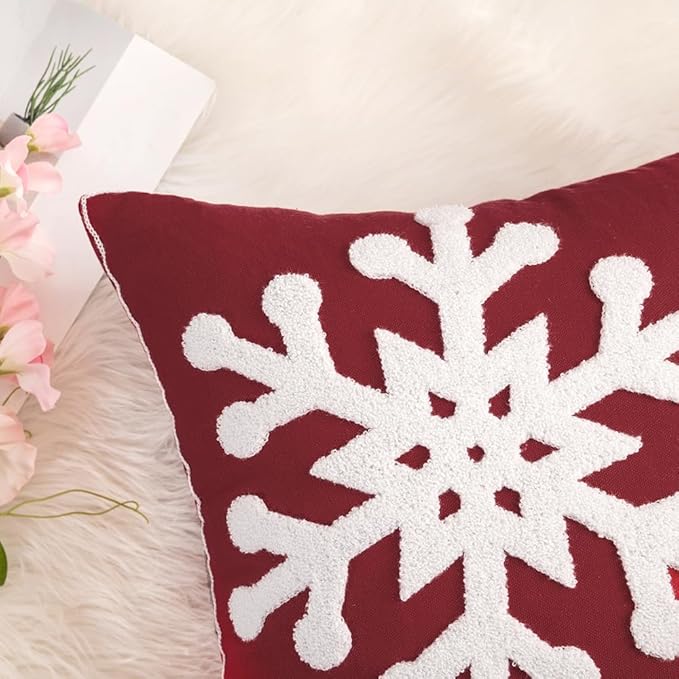MIULEE Pack of 2 Christmas Decorative Snowflake Throw Pillow Covers Canvas Embroidery Winter Cushion Cases Holiday Decor Soft Pillowcases for Winter Couch Sofa Bedroom Car（Burgundy, 16x16in）