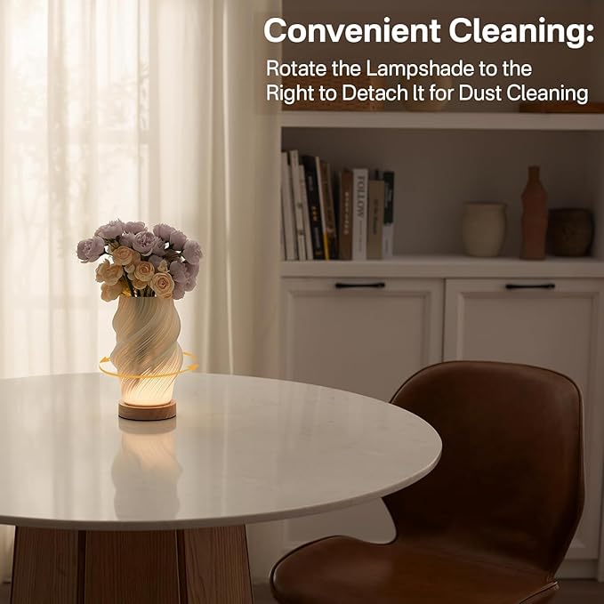 Bedside Lamp with Woodbase - Button Control Table Lamp for Bedroom 12 Way Dimmable Nightstand Lamp with PLA Lampshade for Living Room, Kids Room, College Dorm, Office (White-E, Medium)