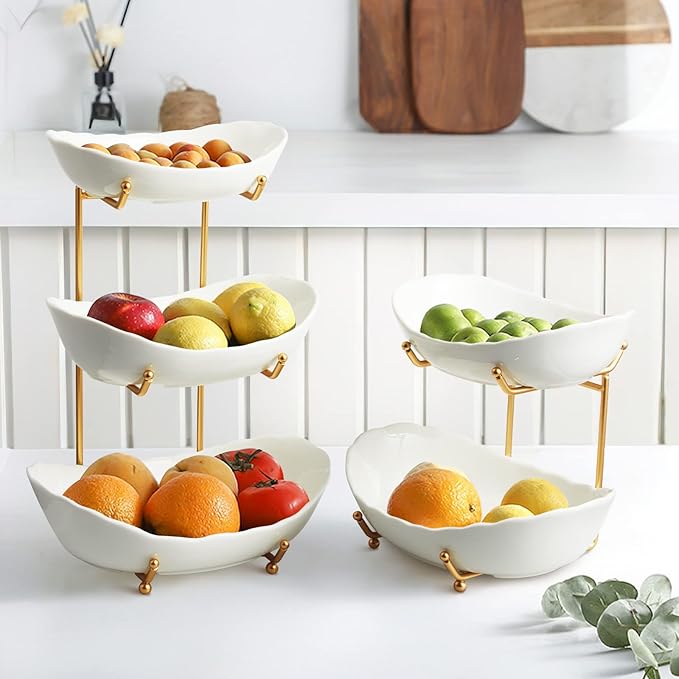 2 Tier Ceramic Fruit Bowl for Kitchen Counter, Tiered Fruit Basket for Countertop, Modern Multi Layer Fruit Display Stand for Party, Cute & Small (Gold&White)