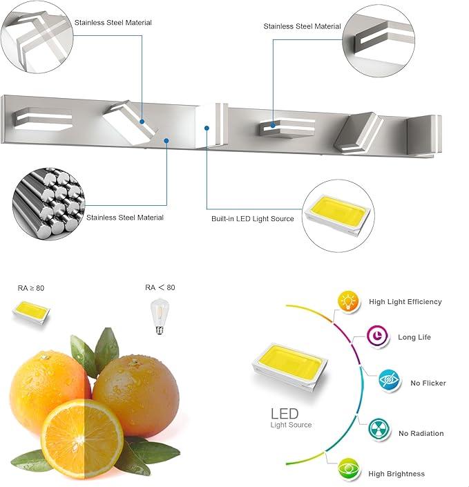 SineRise LED Modern Bathroom Vanity Light Fixtures (6-Light, 48-Inch), Brushed Nickel Modern Acrylic Bathroom Wall Lighting Fixtures Over Mirror (Cool White 6000K)