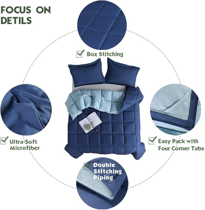 HIG 3pc Down Alternative Comforter Set - All Season Reversible Comforter with Two Shams - Quilted Duvet Insert with Corner Tabs - Box Stitched - Breathable, Soft (King/Cal King, Navy/Light Blue)