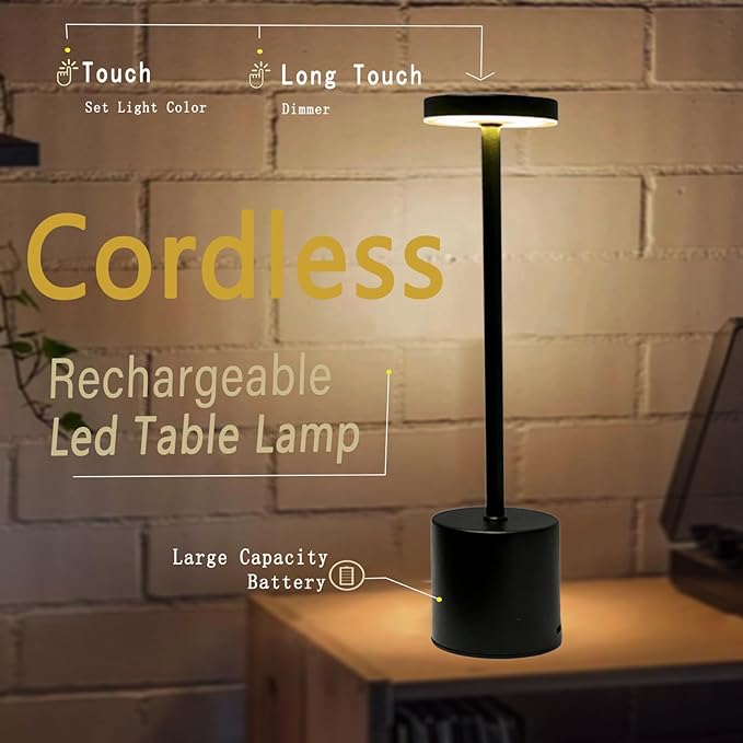 Cordless Table Lamp, 2 Pack Rechargeable Table Lamp, 3 Color Stepless Dimming Up, Battery Operated Portable LED Desk Lamp, Outdoor Table Light for Restaurant/Dinner/Patio/Bars/Bedroom (White)
