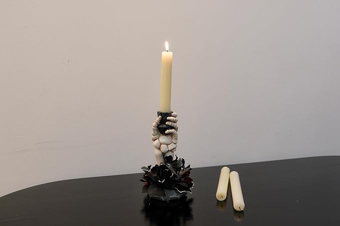 Halloween Candle Holder, Resin Skeleton Hand Candlestick with Black Faux Flower, Halloween Decor for Home Table, 7" Height