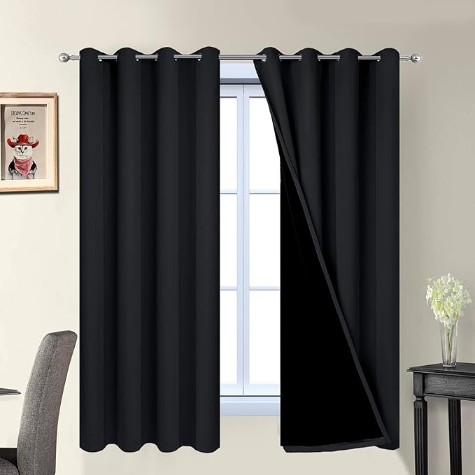 Yakamok 63 Inch Length 100% Blackout Curtains for Bedroom, 2 Thick Layers Thermal Insulated Grommet Total Blackout Drapes with Black Liner for Living Room (52Wx63L,Black, 2 Panels)