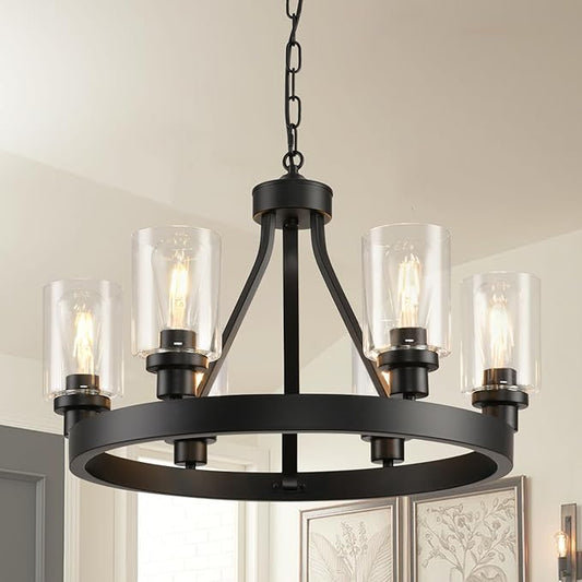 D24'' Black Wagon Wheel Chandelier, 6-Light Black Round Farmhouse Chandeliers, Dining Room Light Fixtures Industrial Hanging Lights for Kitchen Island, Living Room, Bedroom, Entryway, Foyer