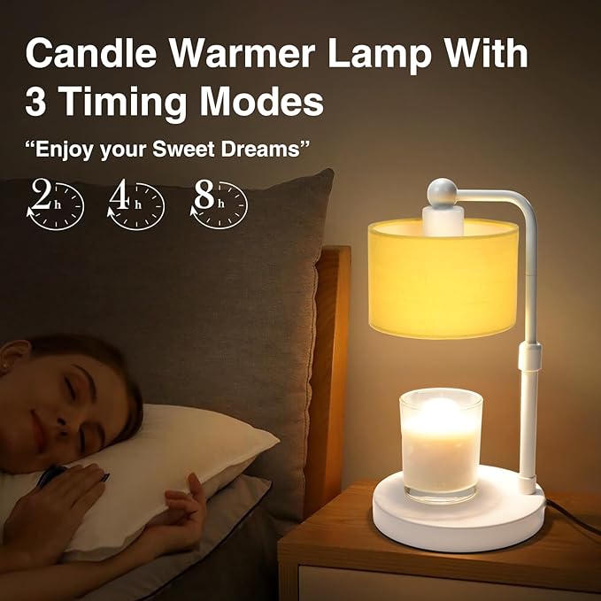 Candle Warmer Lamp with Timer, Dimmable Candle Wax Warmer, Height Adjustable Electric Candle Lamp Warmer with 2 Bulbs, Gifts Idea for Women Her, Mom, Vintage Home Decor for Bedroom-Yellow