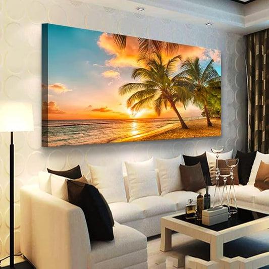 Beach Themed Wall Art Canvas Prints Seascape Picture Bathroom Décor Ocean Tree Sunset Paintings for Living Room Bedroom Office Home Kitchen Decorations 28x57 Wooden Framed Natural Landscape Artwork