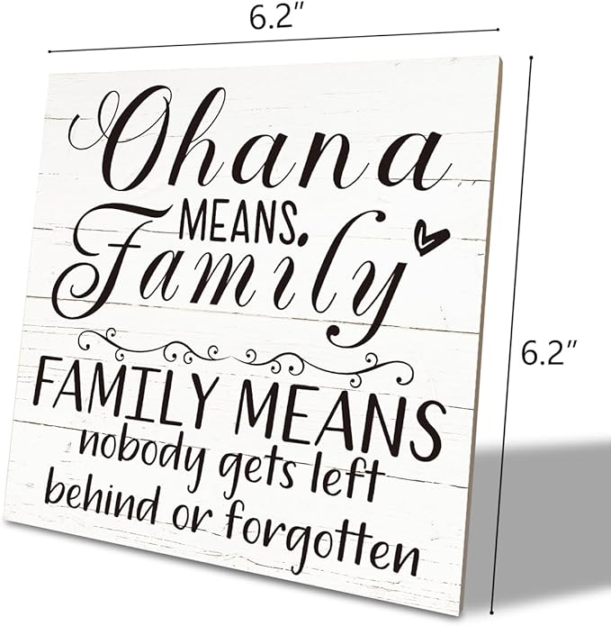 Family Wooden Plaque, “Family Means Nobody Gets Left Behind or Forgotten”, 6.2x6.2 Inch Table Art Sign, Farmhouse Quote Decor for Living Room or Home Tabletop D