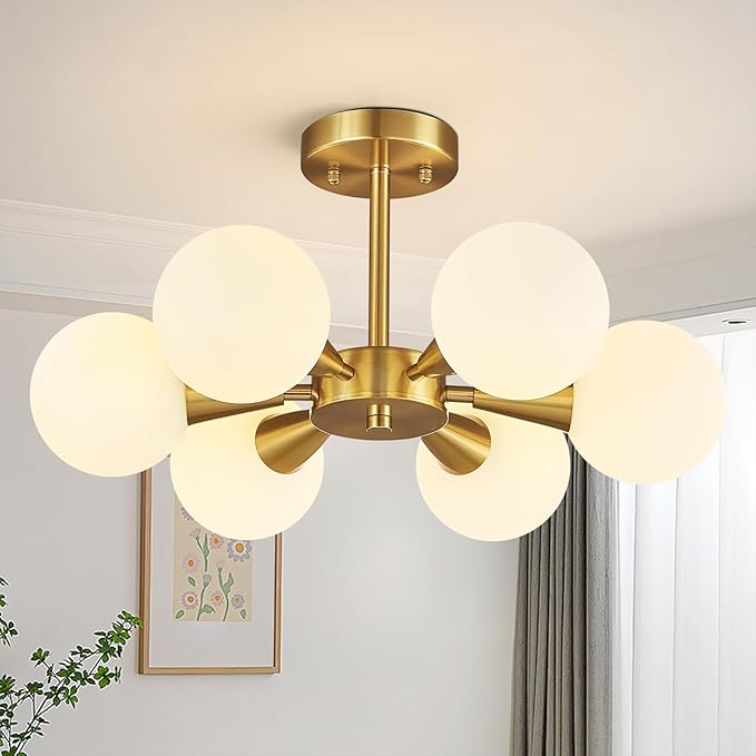 Mid Century Modern Ceiling Light with Milk White Glass lampshade Gold Semi Flush Mount Ceiling Light Fixture Sputnik Chandelier for Bedroom Living Room Dining Room Foyer Hallway(6-Lights)