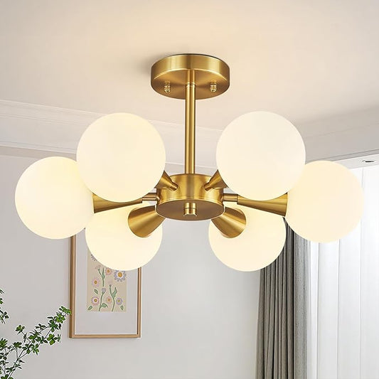 Mid Century Modern Ceiling Light with Milk White Glass lampshade Gold Semi Flush Mount Ceiling Light Fixture Sputnik Chandelier for Bedroom Living Room Dining Room Foyer Hallway(6-Lights)