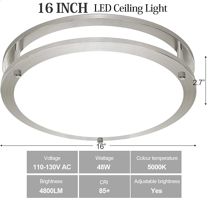 OOWOLF 16inch 48W LED Flush Mount Ceiling Light Fixture Dimmable, Super Bright Brushed Nickel Ceiling Light 4800LM 5000K Daylight White 480W Equivalent, Ceiling Lamp for Bedroom, Kitchen, 2-Pack