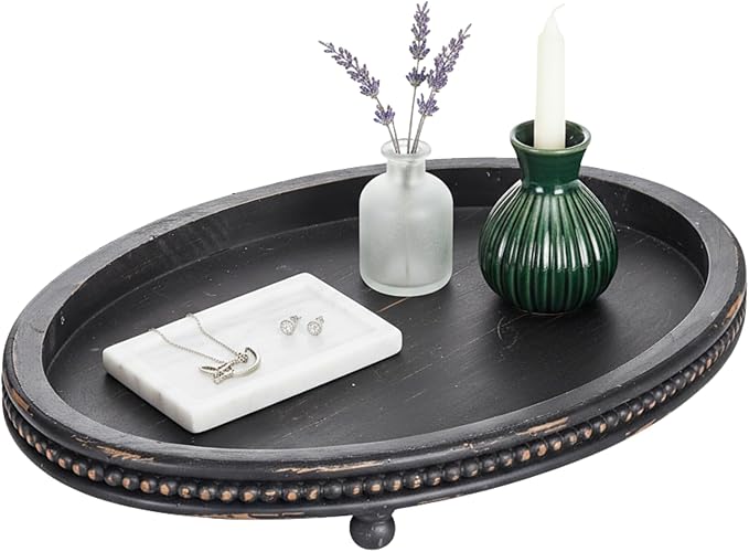 Oval Trays, Wooden Decorative Trays for Coffee Table, Small Beaded Decor in Black
