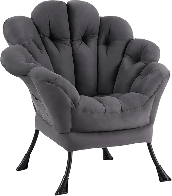Lazy Chair, Modern Floral Reading Chair with Folding Footrest, Lounge Accent Chair, Comfortable Oversized Armchairs for Bedroom, Living Room, Courtyard, Dark Grey