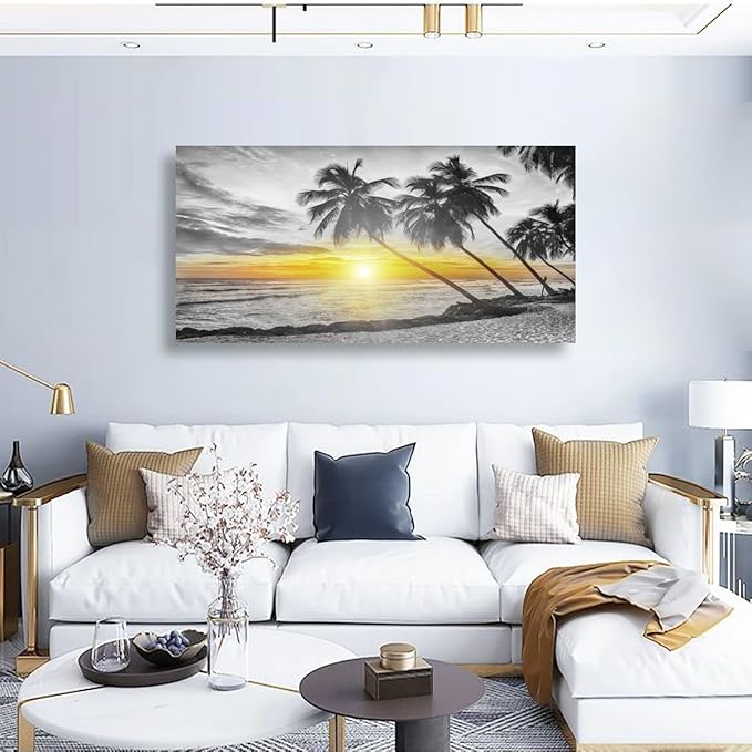 Beach Wall Art Bedroom Wall Decor Living Room,Ocean Canvas Wall Art Office Farmhouse Paintings Artwork Modern Golden Sunshine Black and White Sea Wall Art Prints Pictures 20 * 40inch