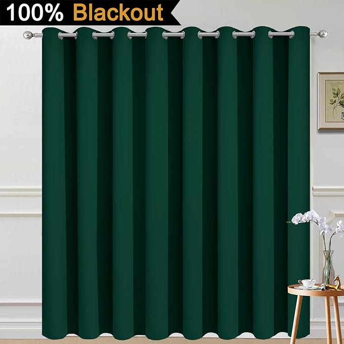 Yakamok 100% Blackout Thermal Insulated Curtains, Noise Reducing Barrier Panel for Sliding Glass Door, 2 Thick Layers Heat Full Light Blocking Patio Door Drapery, Green, W100 x L84, 1 Panel