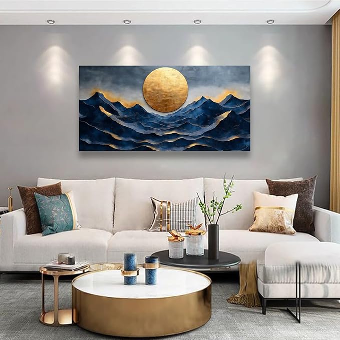 Golden Moon Pictures Canvas Wall Art for Living room Office Bedroom Wall Decor, Landscape Wall Art Print Paintings Modern Golden Blue Scenery Artwork Waterproof Ready to Hang-20x40inch