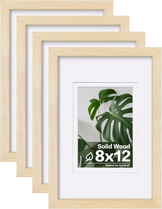 Egofine 8x12 Picture Frames Set of 4, Made of Solid Wood Covered by Plexiglass 5x7 and 6x8 with Mat or 8x12 without Mat, for Table Top Display and Wall Mounting Photo Frame Oak Wood
