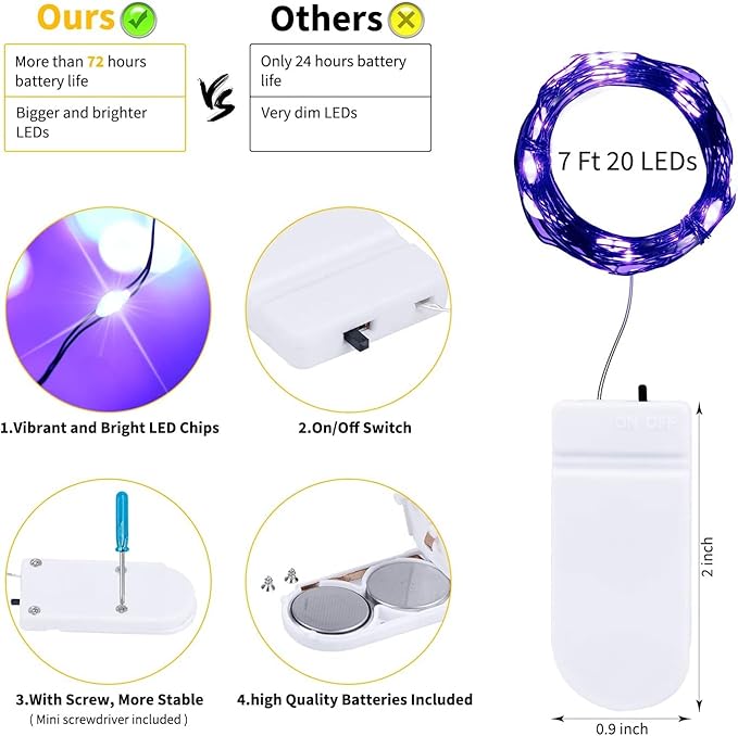 Brightown 24 Pack Fairy Lights Battery Operated, Halloween String Lights Waterproof Black Wire 7 ft 20 LED Firefly Starry Lights for Hallowen Decorations DIY Paper Lantern Craft Pumpkin (Purple)