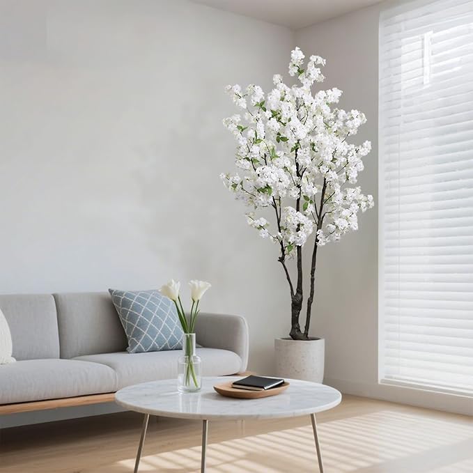 Artificial White Cherry Blossom Tree 6ft(72in) Faux Floor Green Plant for Indoor Decor Natural Potted Tree Realistic Cherry Flowers Wood Trunk for Home Living Room,Office Perfect Housewarming Gift