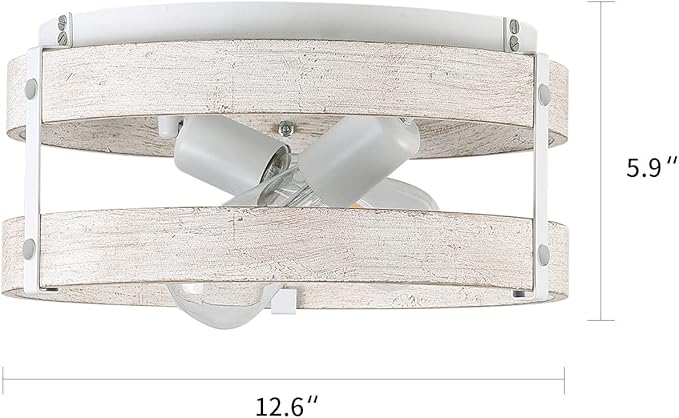 Modern Farmhouse ?Antique White Distressed Flush Mount Light Fixture 2-Light Wood Drum Semi Flush Mount Ceiling Light for Hallway Bedroom Kitchen Entryway Farmhouse